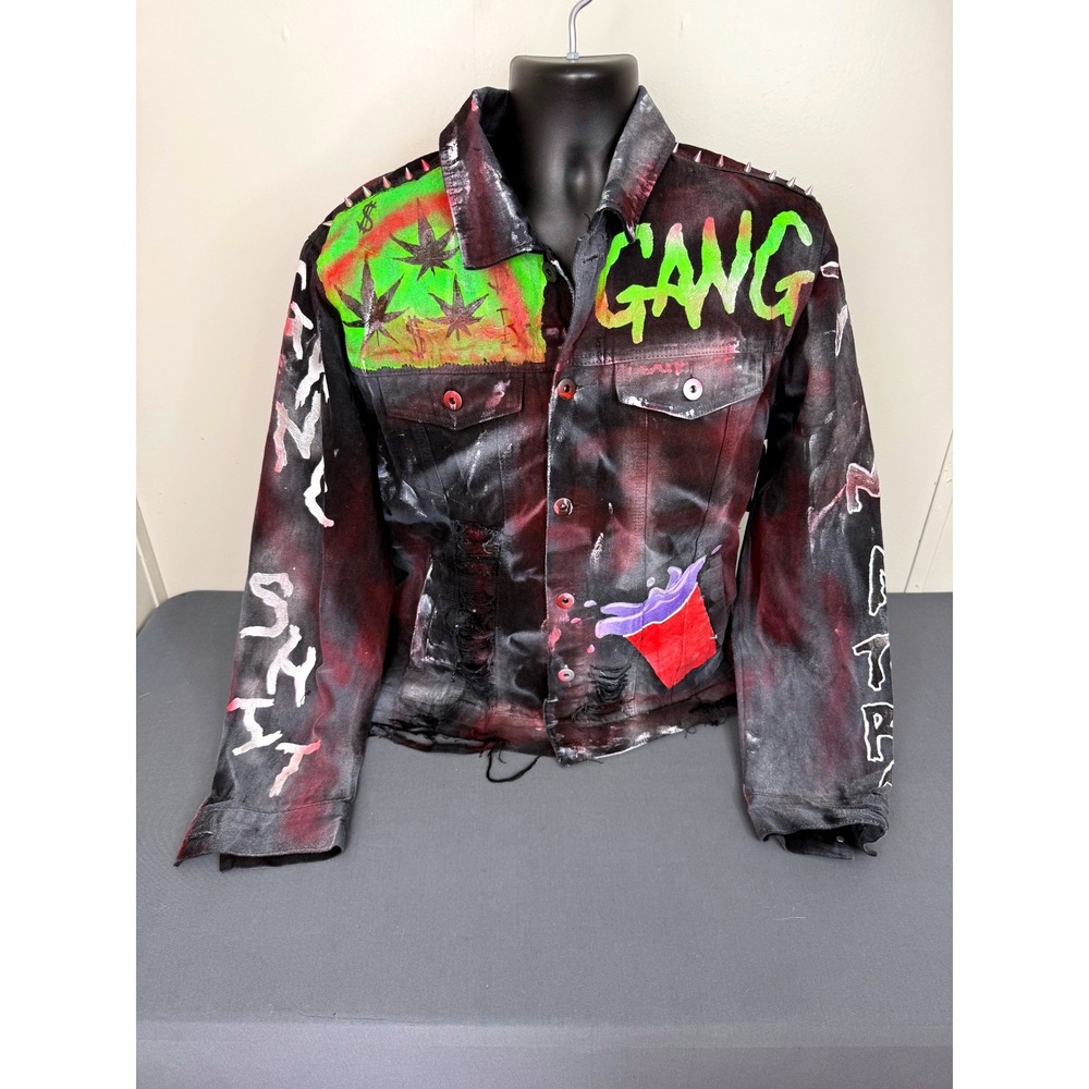 Fashion Nova Denim Jacket Mens XL Cobain Black Distressed Painted Studded MPDJ1